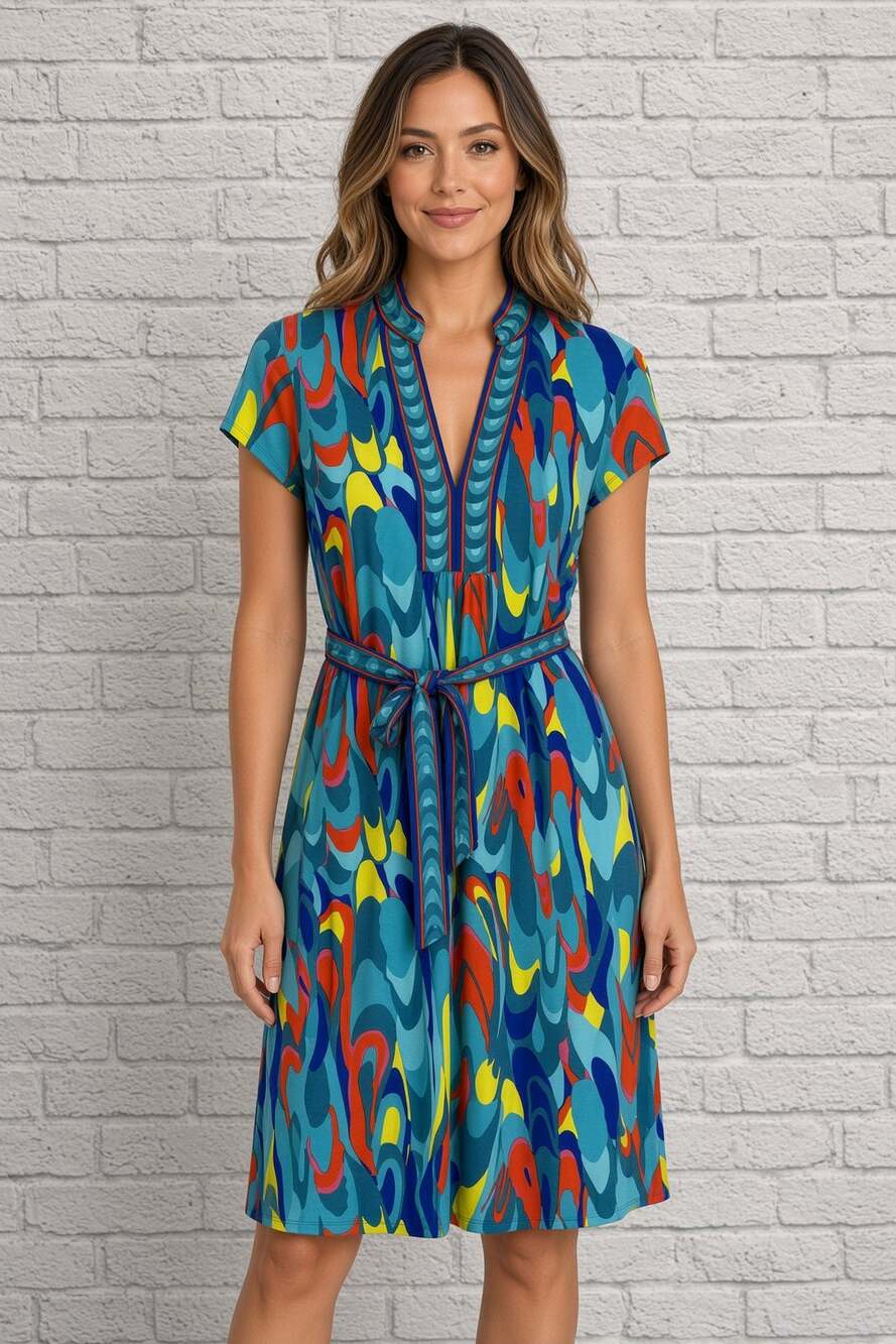 Trina Turk Abstract Faux Wrap Dress Size 4 Tie Belt Blue Green Retro Stretch